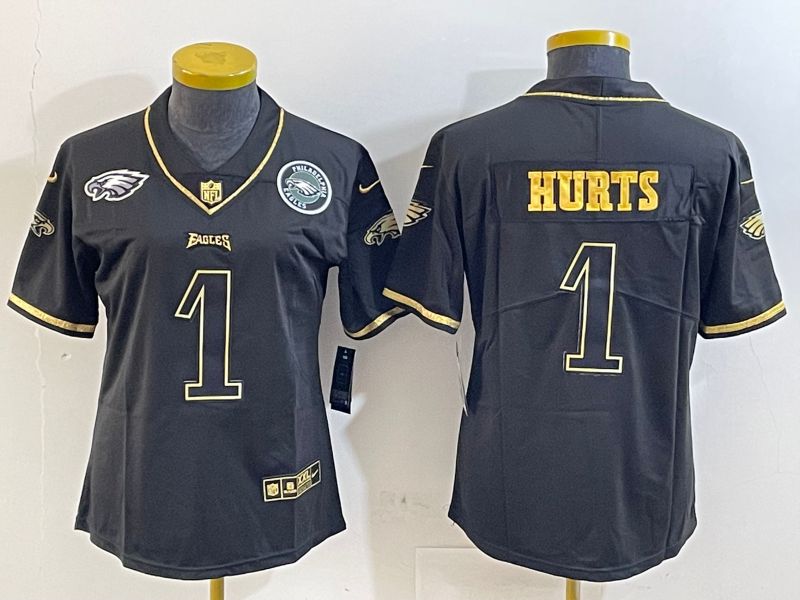 Youth Philadelphia Eagles #1 Hurts Black gold 2025 Nike Vapor Limited NFL Jersey style 5
